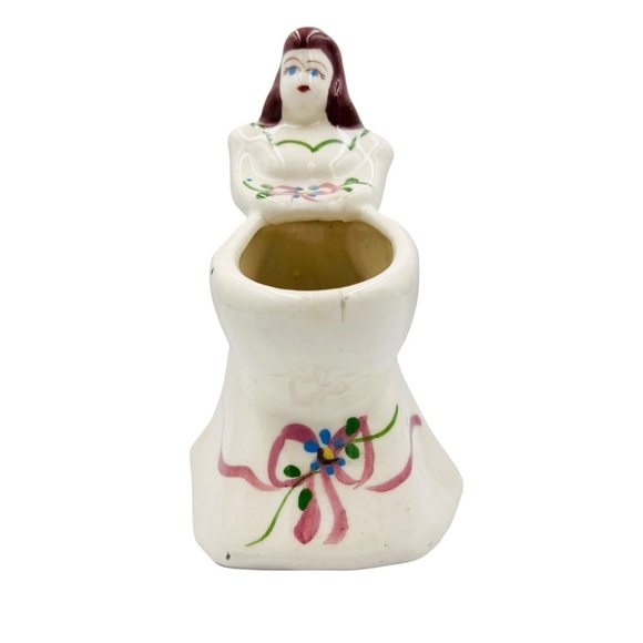 Vintage Other - Vintage Lady Planter Brunette Hand-Painted Ceramic Retro Kitsch Crazing
